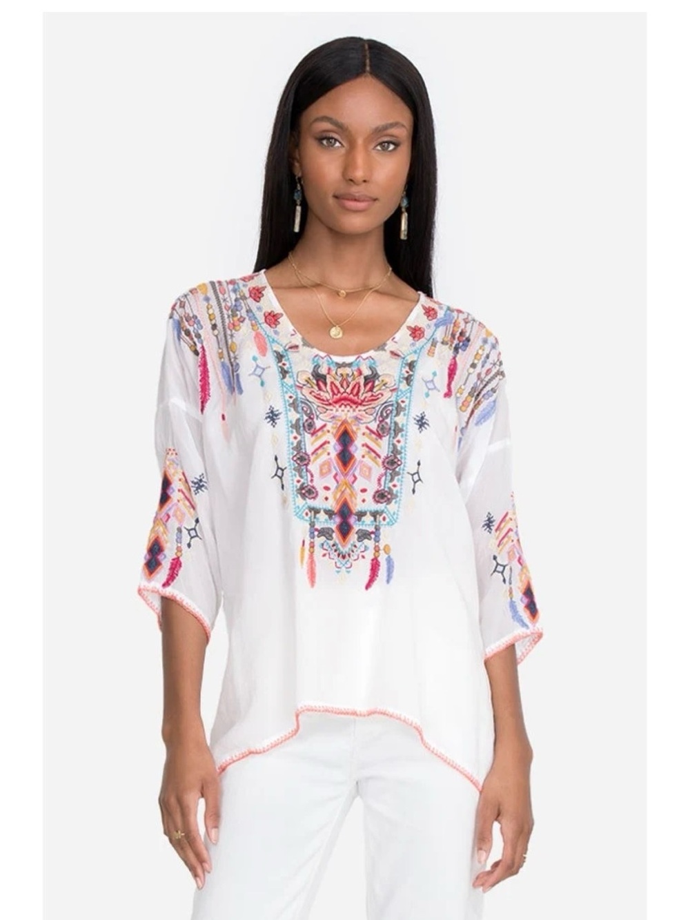 Johnny Was Rangoon White Embroidered V-Neck Tunic Top Multicolor Detail, size M